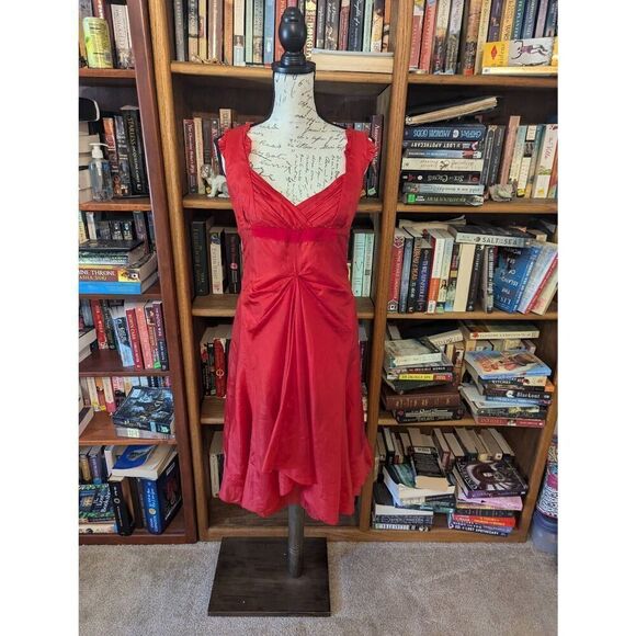 Celine France Size 42 US 10 Red 100% Silk Midi Open Neck Dress Gown Back Zipper - Picture 1 of 7